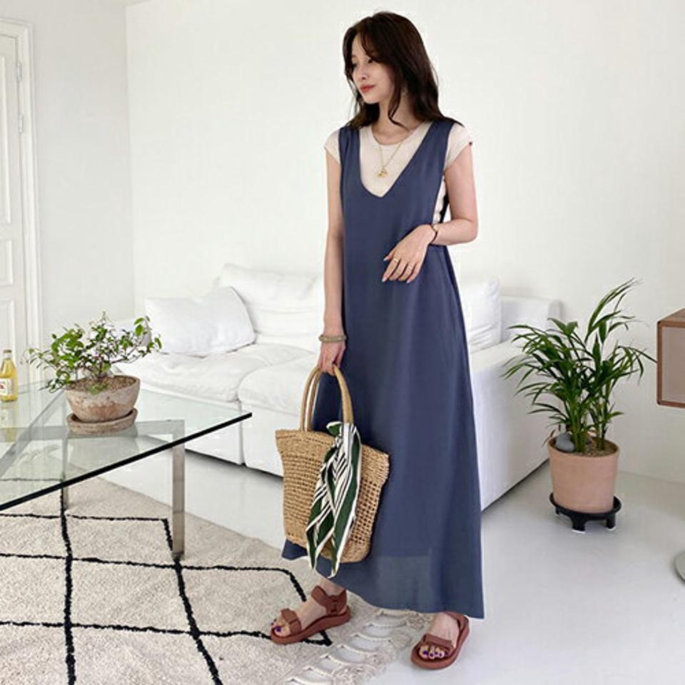 Vネックスリーブレスワンピース・全3色・b68822 レディース 【ops】 ワンピース ロング スリーブレス ノースリーブ Vネック 単色 無地 シンプル カジュアル ラフ 春 夏 韓国 ファッション ハイホリHIHOLLI