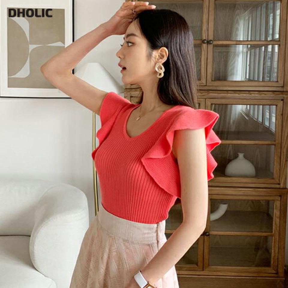 Vネックショルダーフリルニット・全3色・b65452 レディース 【tops】 トップス ショートスリーブ ニット フリル Vネック 可愛い かわいい ガーリー リブ 春 夏 韓国 ファッション