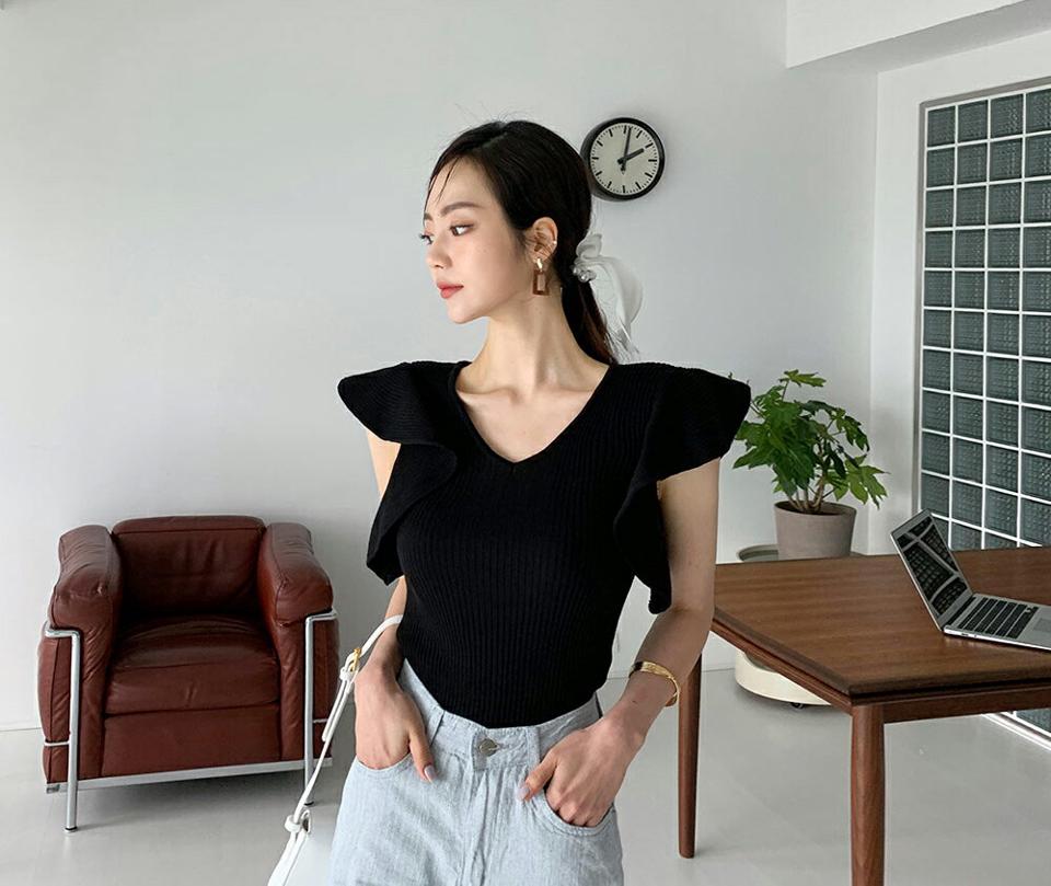 Vネックショルダーフリルニット・全3色・b65452 レディース 【tops】 トップス ショートスリーブ ニット フリル Vネック 可愛い かわいい ガーリー リブ 春 夏 韓国 ファッション