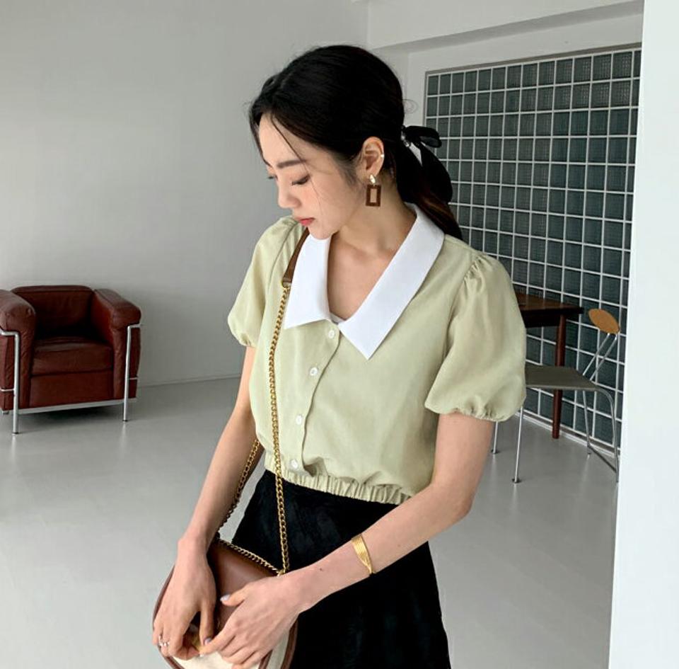 配色カラーブラウス・全3色・t65466 レディース 【bl】 トップス ブラウス 半袖 ハーフスリーブ 配色 大人 パフ袖 パフスリーブ クロップド丈 短丈 かわいい 春 夏 韓国 ファッション