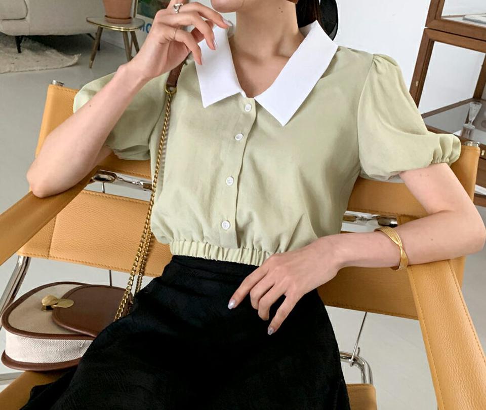 配色カラーブラウス・全3色・t65466 レディース 【bl】 トップス ブラウス 半袖 ハーフスリーブ 配色 大人 パフ袖 パフスリーブ クロップド丈 短丈 かわいい 春 夏 韓国 ファッション