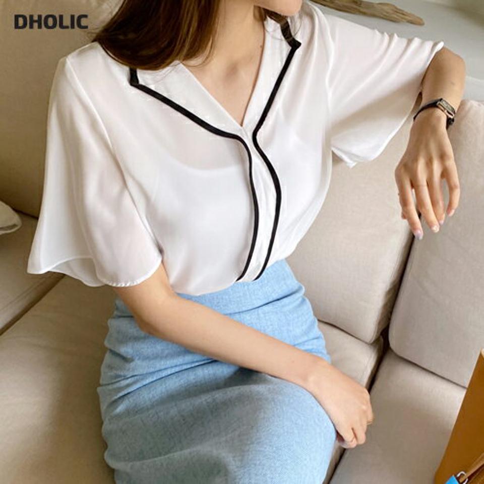 Vネック配色ラインブラウス・全2色・t68787 レディース 【bl】 トップス ブラウス 半袖 配色 Vネック モダン 大人 ハーフスリーブ 開襟 春 夏 韓国 ファッション ハイホリHIHOLLI