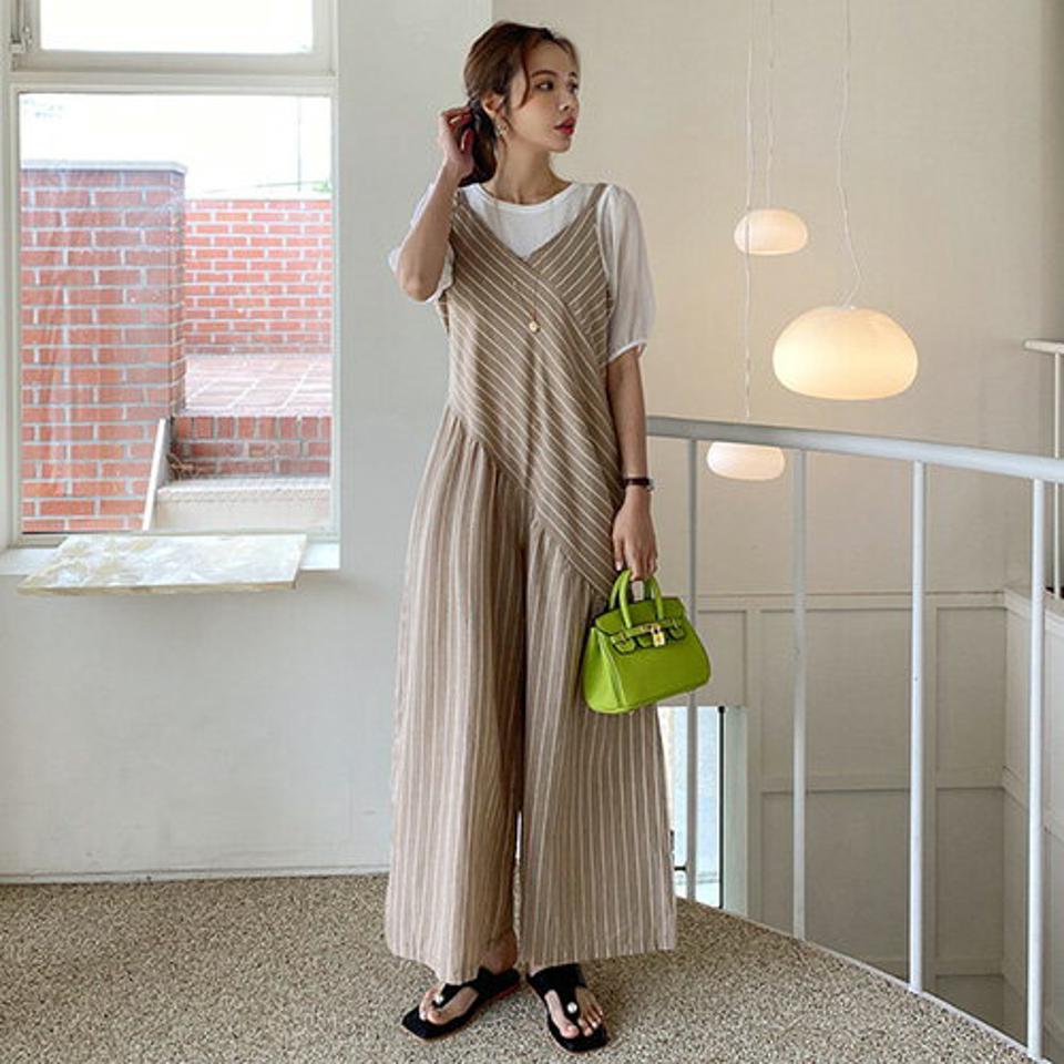 【全品10%OFF】ストライプワイドオールインワン・全2色・b68796 レディース 【pt】【オールインワン ストライプ柄 スリーブレス ノースリーブ レイヤード パンツ ズボン ロングパンツ ワイド カジュアル ラフ 春 夏 韓国 ファッション】【ハイホリHIHOLLI】