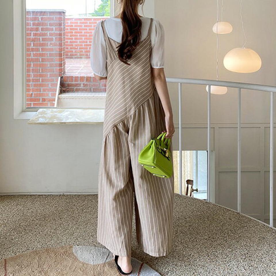 【全品10%OFF】ストライプワイドオールインワン・全2色・b68796 レディース 【pt】【オールインワン ストライプ柄 スリーブレス ノースリーブ レイヤード パンツ ズボン ロングパンツ ワイド カジュアル ラフ 春 夏 韓国 ファッション】【ハイホリHIHOLLI】