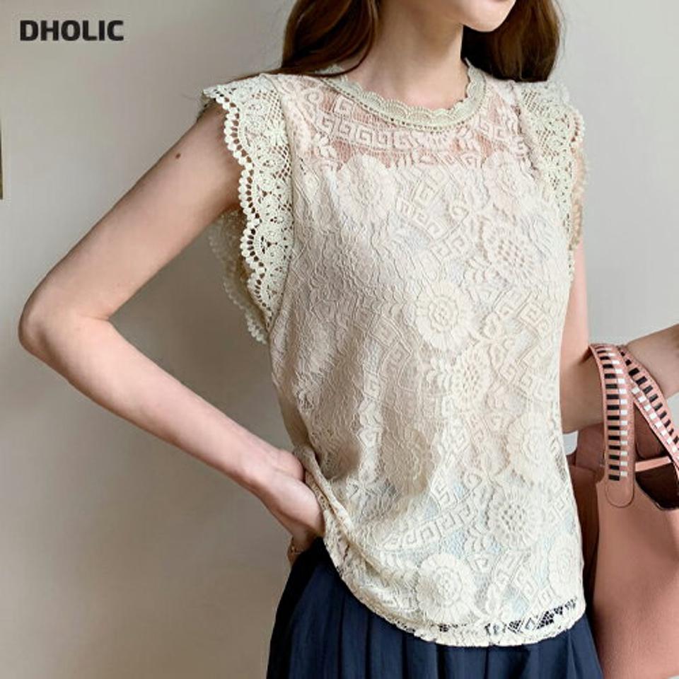 ≪人気商品再入荷≫スカラップレースブラウス・全2色・b68795 レディース 【bl】 トップス ブラウス スリーブレス ノースリーブ 総レース 透け感 シアー シースルー フェミニン かわいい 二の腕カバー 春 夏 韓国ファッション ハイホリHIHOLLI