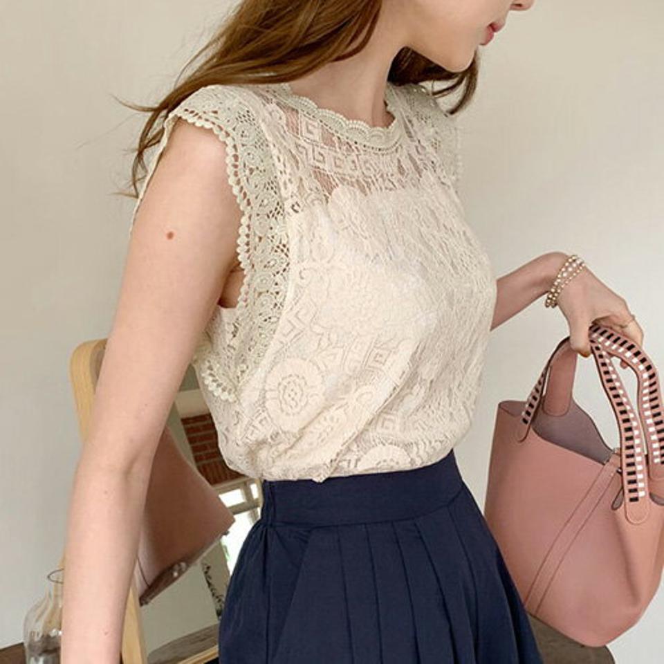 ≪人気商品再入荷≫スカラップレースブラウス・全2色・b68795 レディース 【bl】 トップス ブラウス スリーブレス ノースリーブ 総レース 透け感 シアー シースルー フェミニン かわいい 二の腕カバー 春 夏 韓国ファッション ハイホリHIHOLLI