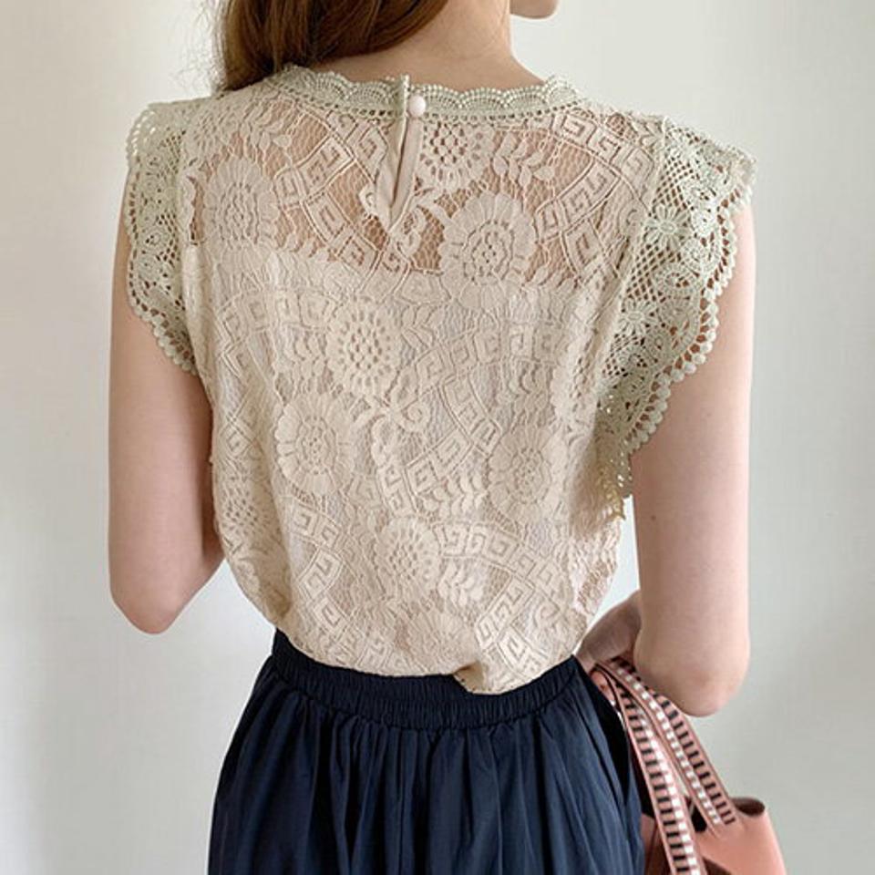 ≪人気商品再入荷≫スカラップレースブラウス・全2色・b68795 レディース 【bl】 トップス ブラウス スリーブレス ノースリーブ 総レース 透け感 シアー シースルー フェミニン かわいい 二の腕カバー 春 夏 韓国ファッション ハイホリHIHOLLI