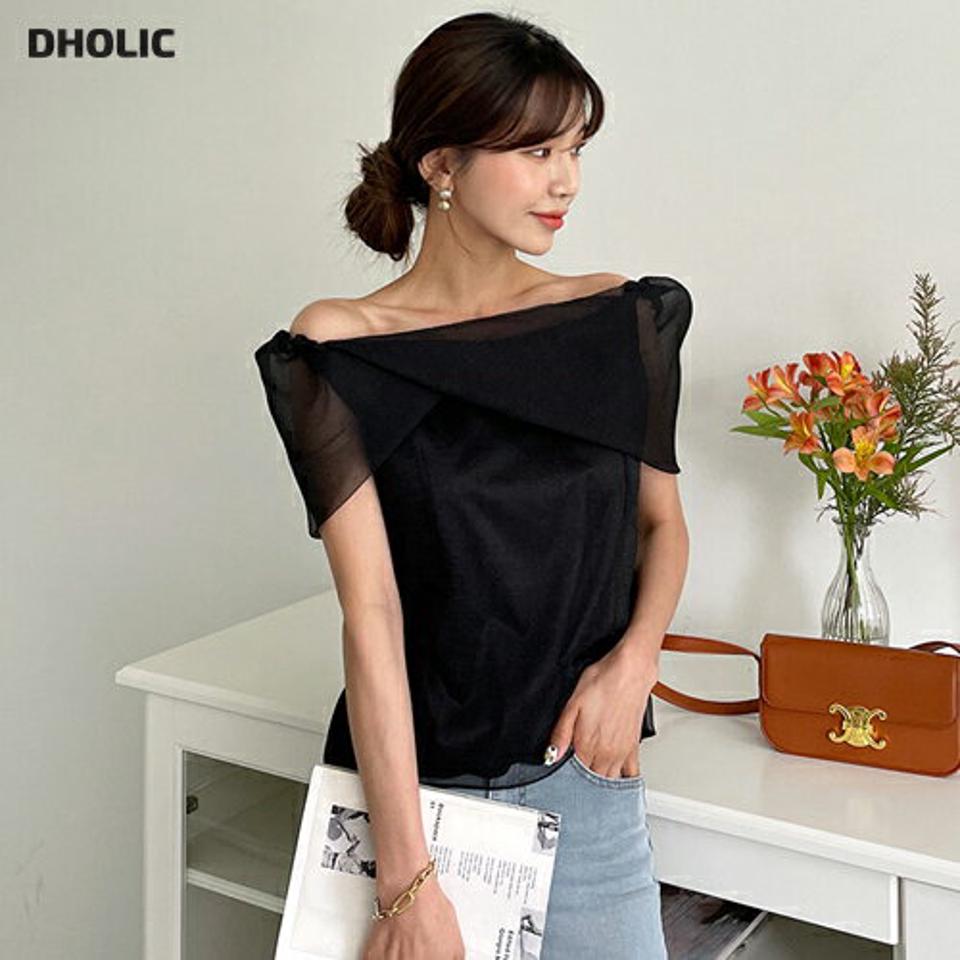 2WAYシアーショルダーブラウス・全3色・b65300 レディース 【bl】 トップス ブラウス 半袖 シアー 透け感 シースルー メッシュ デコルテ 鎖骨 オフショルダー レディ 春 夏 韓国 ファッション