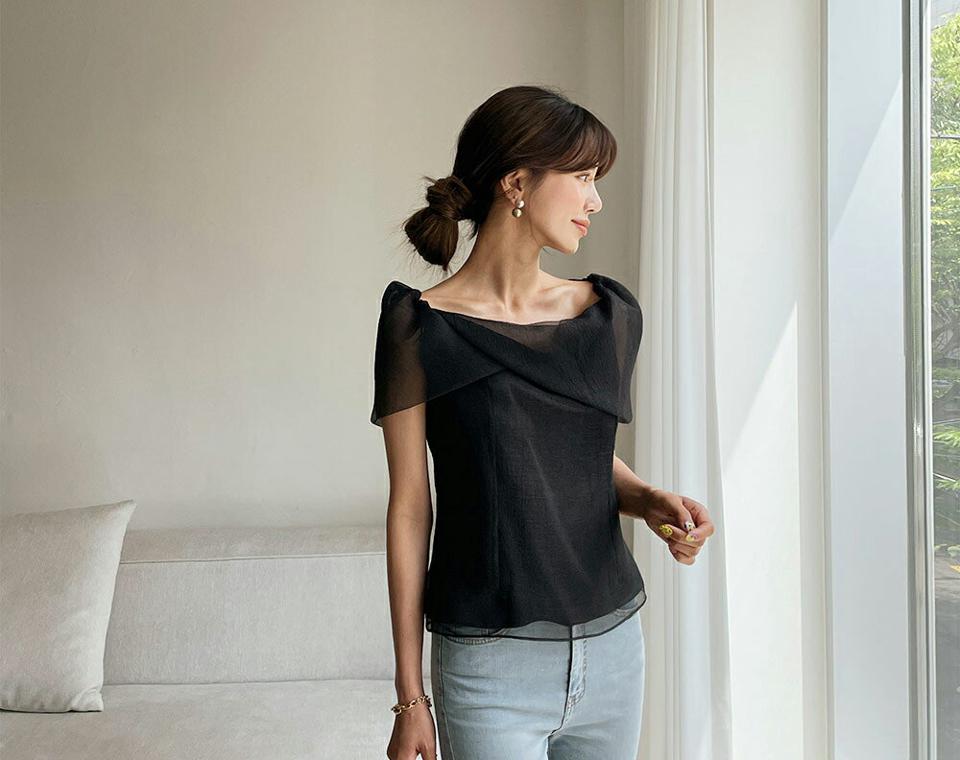 2WAYシアーショルダーブラウス・全3色・b65300 レディース 【bl】 トップス ブラウス 半袖 シアー 透け感 シースルー メッシュ デコルテ 鎖骨 オフショルダー レディ 春 夏 韓国 ファッション