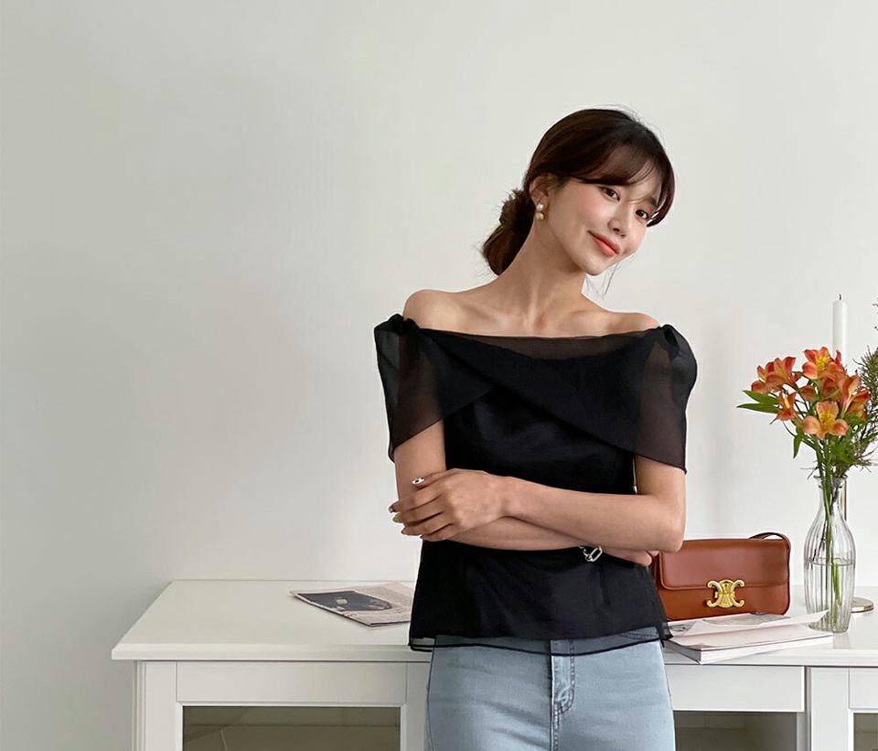 2WAYシアーショルダーブラウス・全3色・b65300 レディース 【bl】 トップス ブラウス 半袖 シアー 透け感 シースルー メッシュ デコルテ 鎖骨 オフショルダー レディ 春 夏 韓国 ファッション