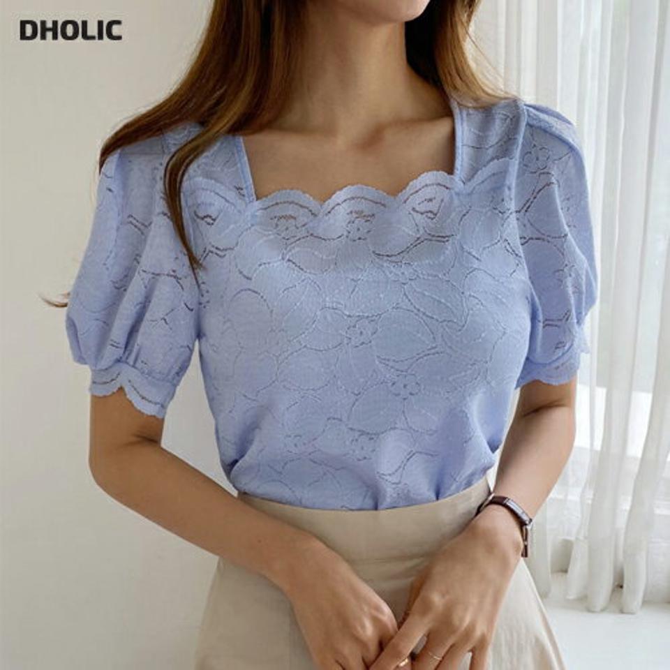 スクエアネック花柄レースブラウス・全4色・t68782 レディース 【bl】 トップス ブラウス 半袖 総レース レース 花柄 スクエアネック フェミニン 可愛い かわいい スカラップ パフ袖 パフスリーブ 春 夏 韓国 ファッション ハイホリHIHOLLI