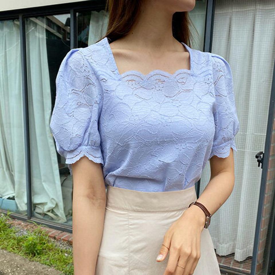 スクエアネック花柄レースブラウス・全4色・t68782 レディース 【bl】 トップス ブラウス 半袖 総レース レース 花柄 スクエアネック フェミニン 可愛い かわいい スカラップ パフ袖 パフスリーブ 春 夏 韓国 ファッション ハイホリHIHOLLI