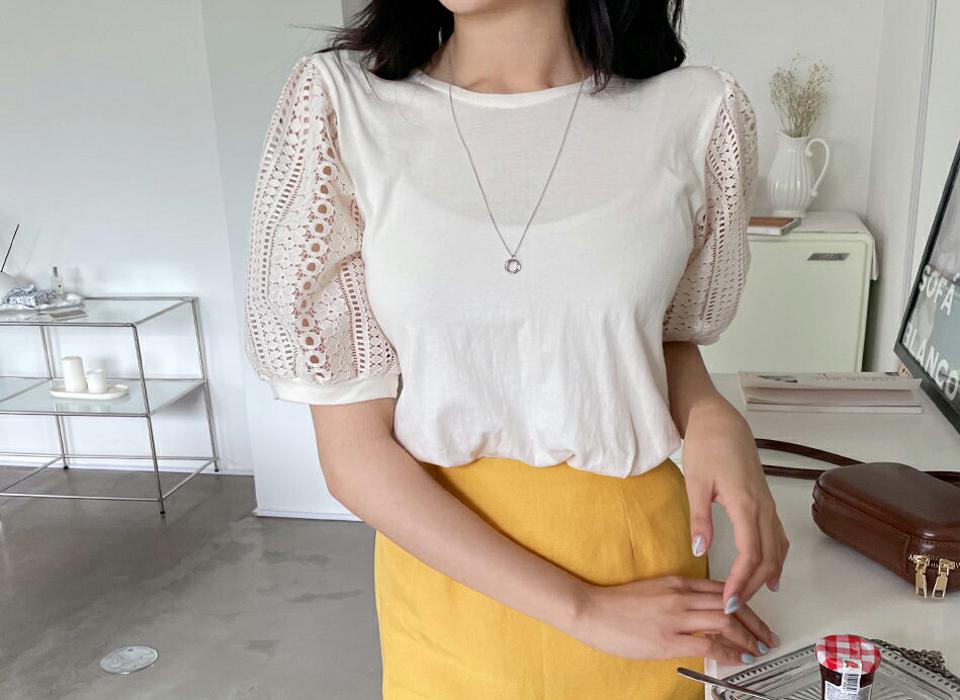 レーススリーブTシャツ・全4色・t64283 レディース 【tops】【トップス Tシャツ レース 透け感 シアー シースルー フェミニン 可愛い かわいい 春 夏 韓国 ファッション】【NIJU】