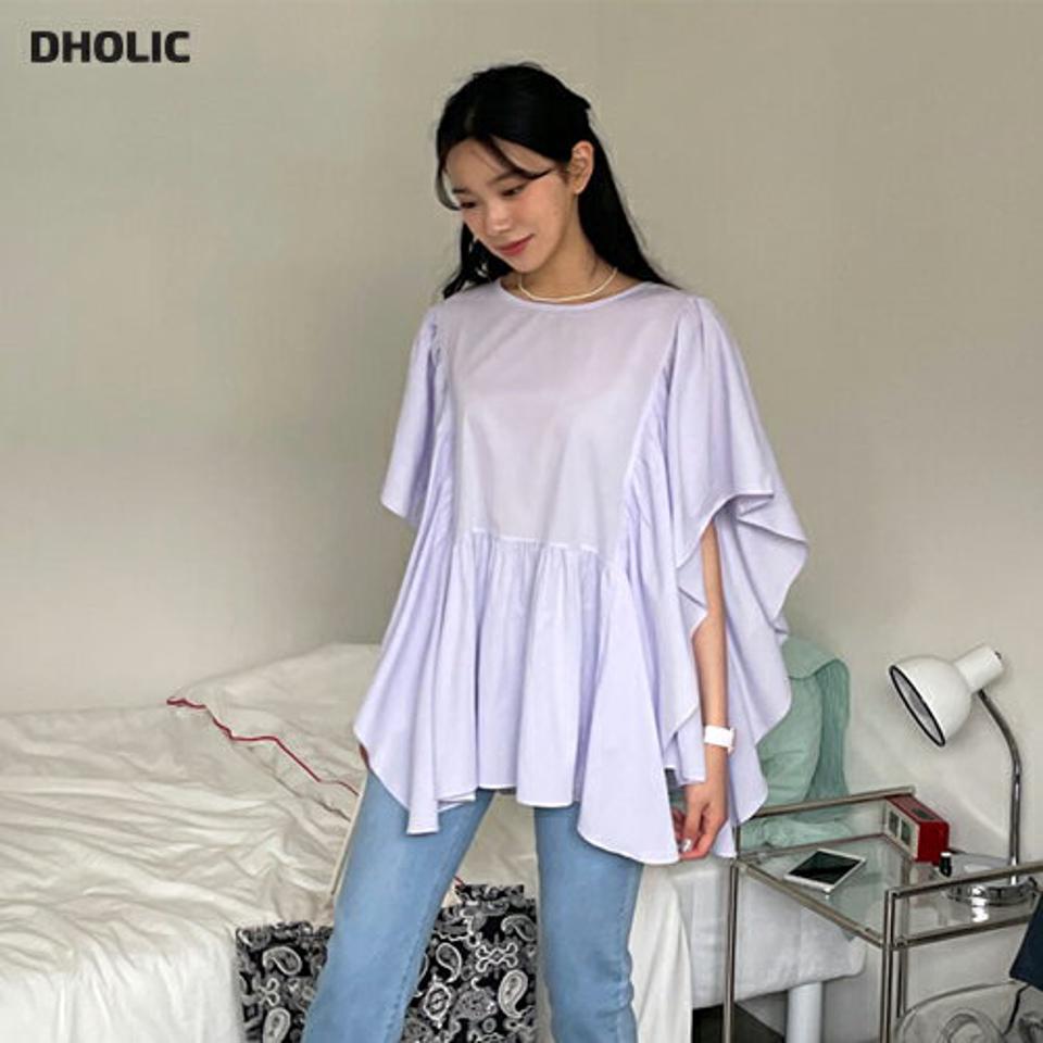 ラッフルフレアブラウス・全3色・t64287 レディース 【bl】 トップス ブラウス フレア ラッフル フリル 半袖 ハーフスリーブ 体型カバー フェミニン ユニーク 春 夏 韓国 ファッション NIJU