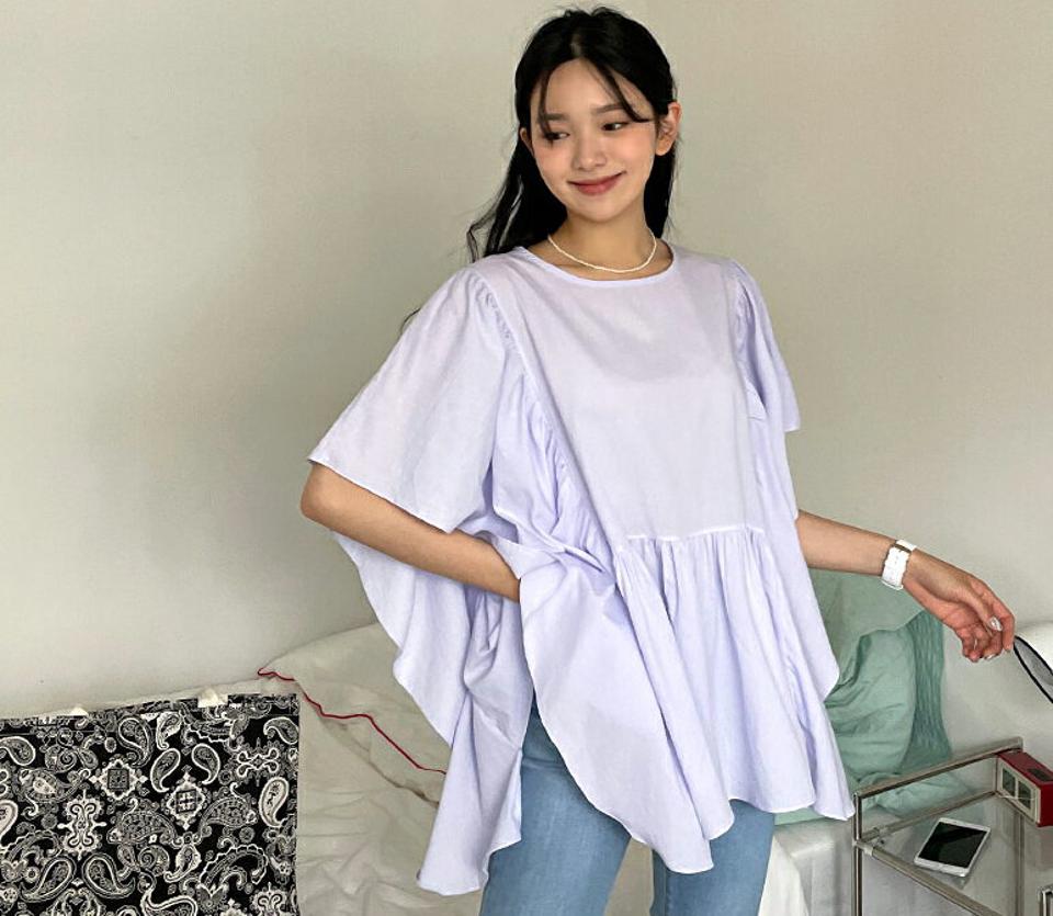 ラッフルフレアブラウス・全3色・t64287 レディース 【bl】 トップス ブラウス フレア ラッフル フリル 半袖 ハーフスリーブ 体型カバー フェミニン ユニーク 春 夏 韓国 ファッション NIJU