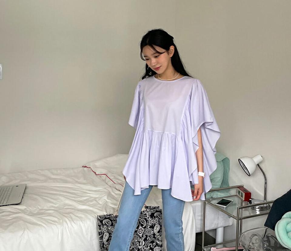 ラッフルフレアブラウス・全3色・t64287 レディース 【bl】 トップス ブラウス フレア ラッフル フリル 半袖 ハーフスリーブ 体型カバー フェミニン ユニーク 春 夏 韓国 ファッション NIJU