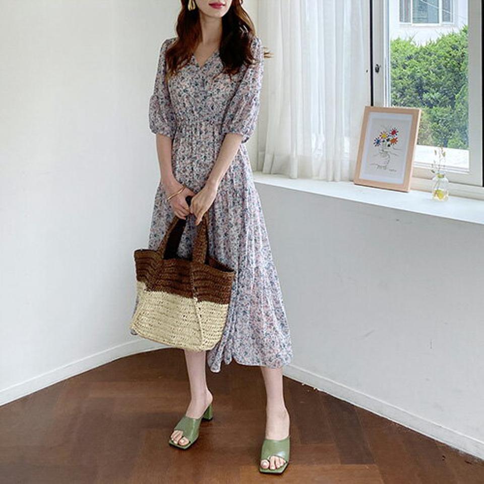 花柄リボンロングワンピース・全2色・b68790 レディース 【ops】 ワンピース ロング 花柄 フラワー りぼん Vネック 七分丈 七分袖 7分丈 7分袖 モダン フェミニン かわいい シフォン 春 夏 韓国 ファッション ハイホリHIHOLLI