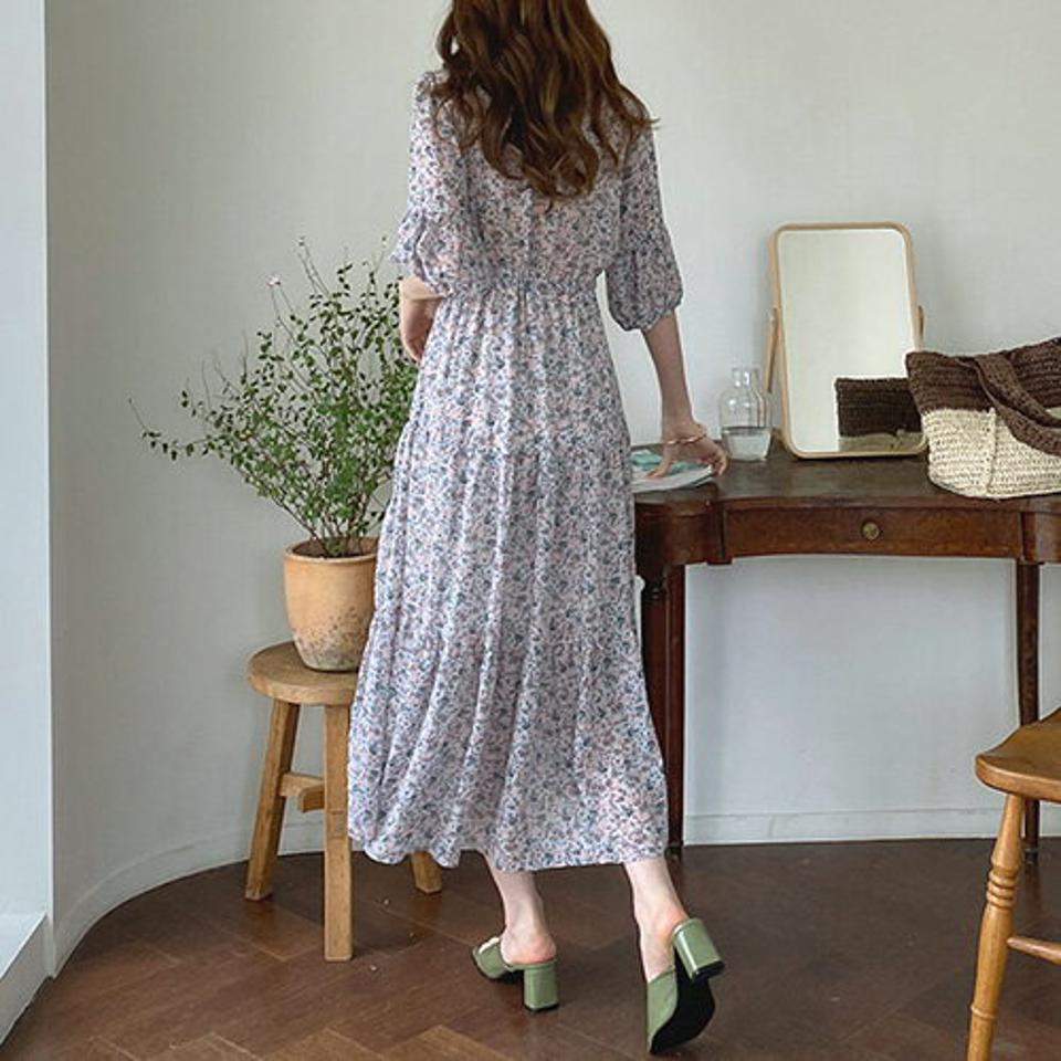 花柄リボンロングワンピース・全2色・b68790 レディース 【ops】 ワンピース ロング 花柄 フラワー りぼん Vネック 七分丈 七分袖 7分丈 7分袖 モダン フェミニン かわいい シフォン 春 夏 韓国 ファッション ハイホリHIHOLLI