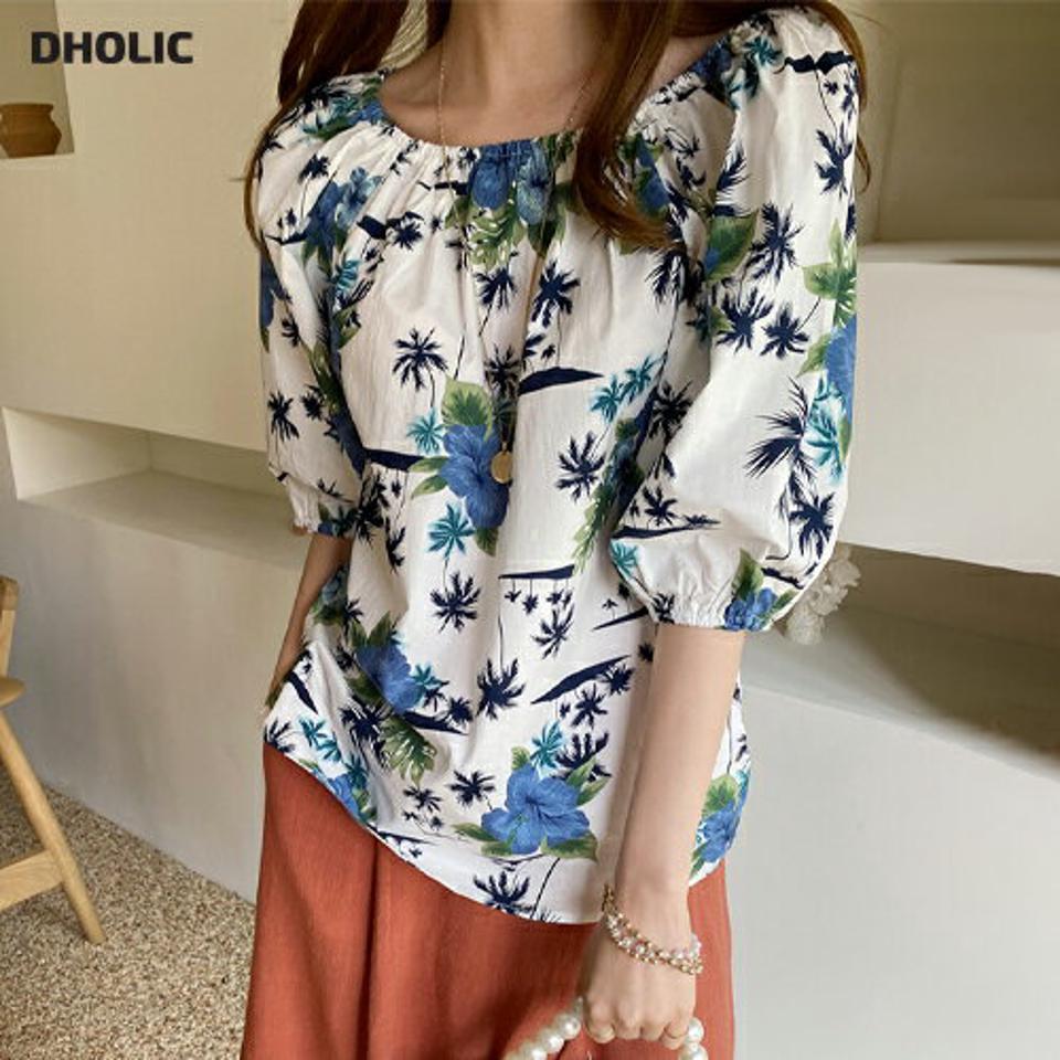 ネックゴムハワイアンブラウス・全2色・b68792 レディース 【bl】 トップス ブラウス ハワイアン 花柄 カジュアル 半袖 ハーフスリーブ 七分丈 七分袖 7分丈 7分袖 オフショルダー 春 夏 韓国 ファッション ハイホリHIHOLLI