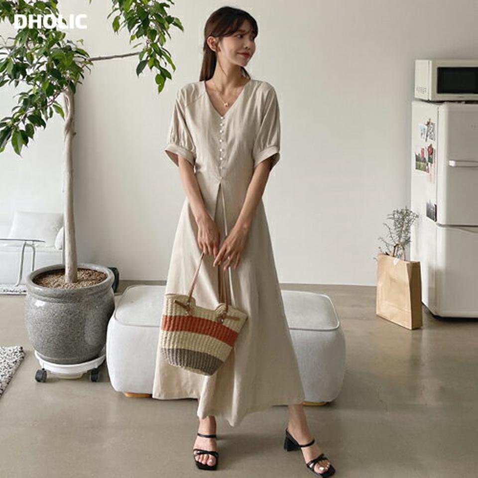 Vネックフェイクボタンワンピース・全2色・b65289 レディース 【ops】 ワンピース ロング ロングワンピース 半袖 Vネック パフスリーブ パフ袖 単色 無地 フェミニン リネン 春 夏 韓国 ファッション