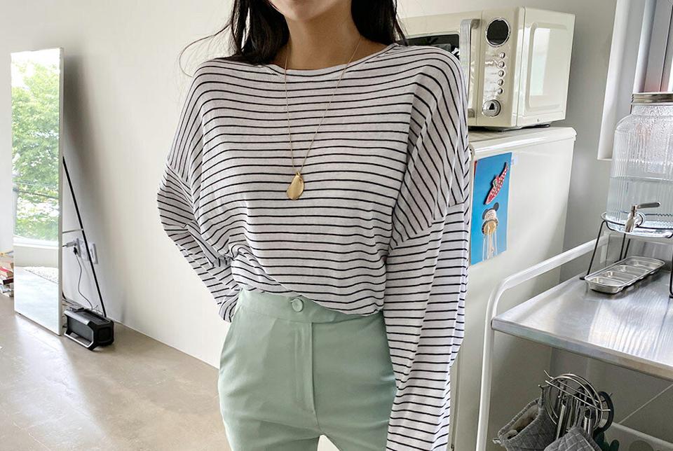 ラウンドボーダーTシャツ・全3色・t64285 レディース 【tops】【トップス Tシャツ ロンT ボーダー柄 カジュアル ラフ 春 秋 韓国 ファッション】【NIJU】