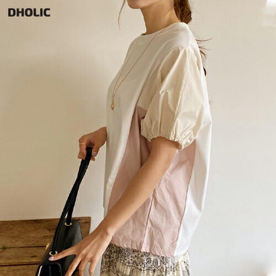 ドルマン配色Tシャツ・全4色・b68788 レディース 【tops】 トップス Tシャツ 半袖 ハーフスリーブ ドルマン 配色 ラウンドネック 異素材 カジュアル 春 夏 韓国 ファッション ハイホリHIHOLLI