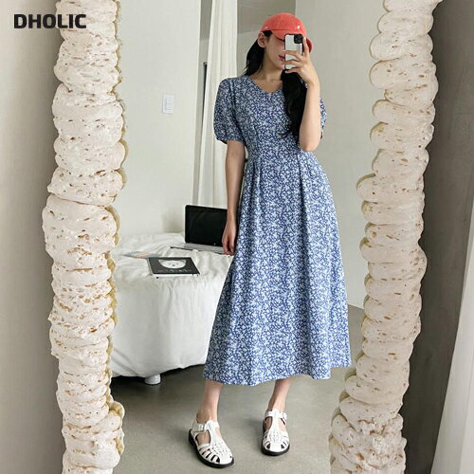 Vネック小花柄ワンピース・全2色・t64299 レディース 【ops】 ワンピース ロング 花柄 フラワー 小花柄 Vネック 半袖 ハーフスリーブ フェミニン かわいい 可愛い 春 夏 韓国 ファッション NIJU