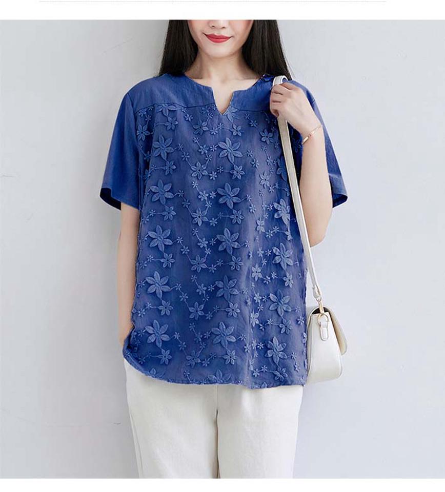 シャツ ブラウス リネン レディース 刺繍 半袖 夏 春 綿混 綿麻風 とろみ トップス 体型カバー 大人 シンプル ゆったり カジュアル 無地 きれいめ おしゃれ 5色選べる