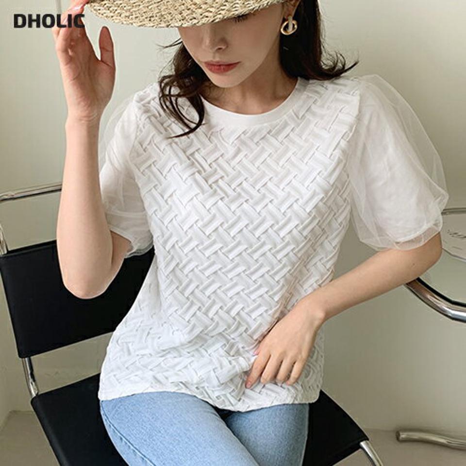 クロスパフスリーブTシャツ・全2色・b68876 レディース 【tops】【トップス Tシャツ 半袖 ハーフスリーブ パフ袖 パフスリーブ 透け感 シアー シースルー フェミニン 大人 かわいい 可愛い 春 夏 韓国 ファッション】【ハイホリHIHOLLI】