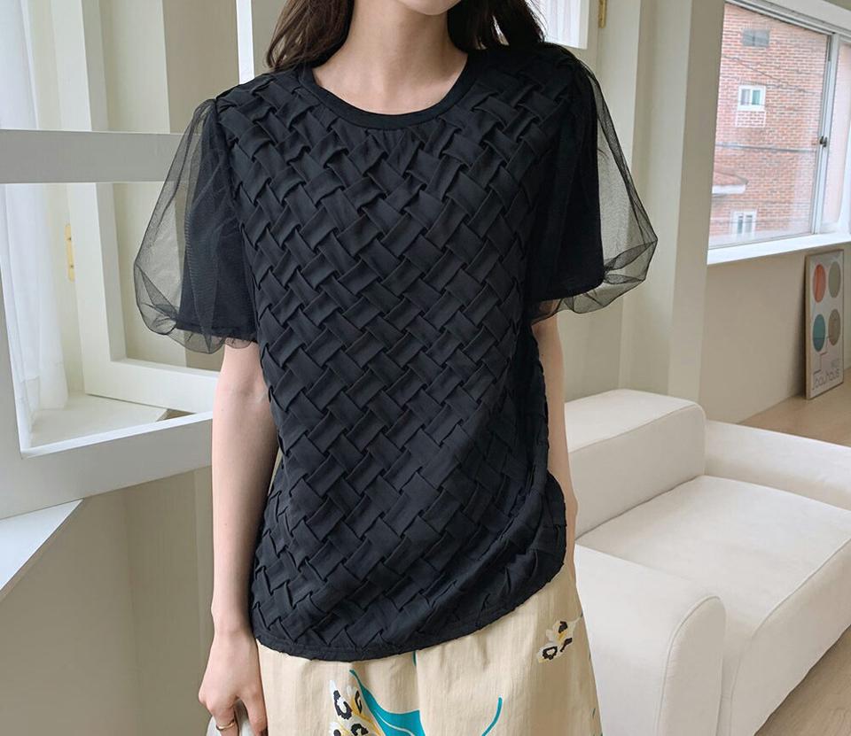 クロスパフスリーブTシャツ・全2色・b68876 レディース 【tops】【トップス Tシャツ 半袖 ハーフスリーブ パフ袖 パフスリーブ 透け感 シアー シースルー フェミニン 大人 かわいい 可愛い 春 夏 韓国 ファッション】【ハイホリHIHOLLI】
