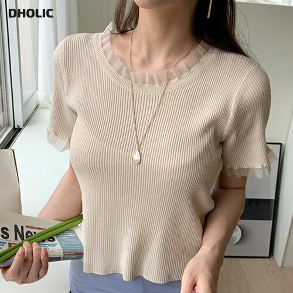 【只今10%OFF】メッシュフリルリブニット・全3色・b6887 レディース 【tops】【トップス ニット ニットトップス フリル メッシュ 透け感 フェミニン フリルネック リブ 半袖 上品 大人 春 夏 韓国 ファッション】【ハイホリHIHOLLI】