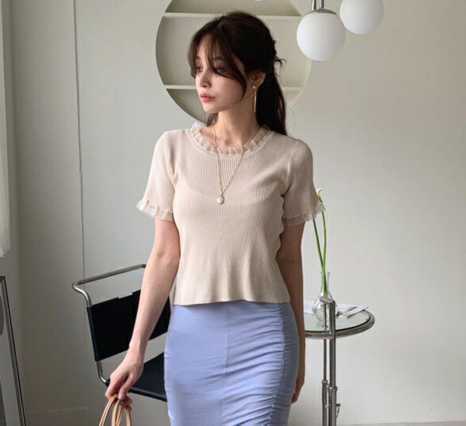 【只今10%OFF】メッシュフリルリブニット・全3色・b6887 レディース 【tops】【トップス ニット ニットトップス フリル メッシュ 透け感 フェミニン フリルネック リブ 半袖 上品 大人 春 夏 韓国 ファッション】【ハイホリHIHOLLI】