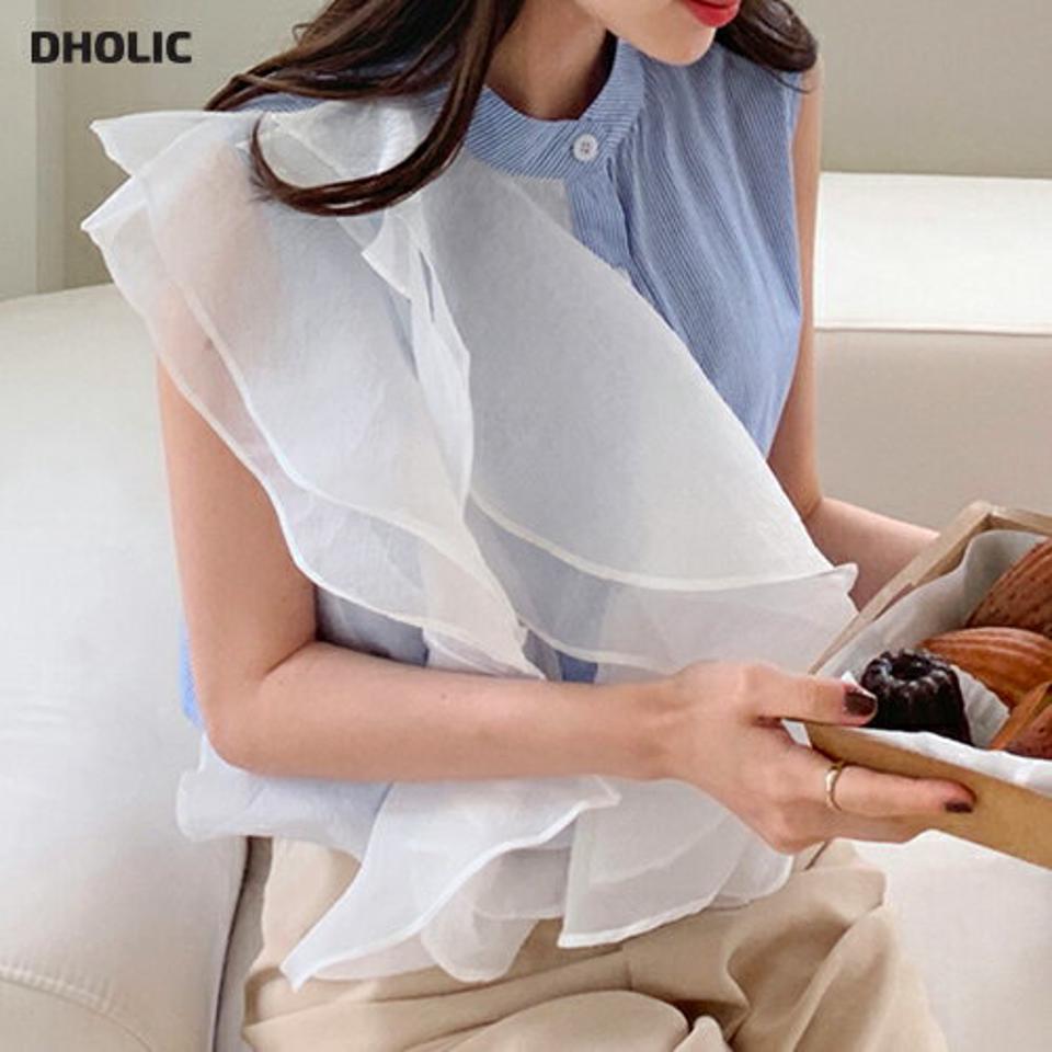 2TYPEフリルスリーブレス・全3色・b68878 レディース 【tops】【トップス スリーブレス ノースリーブ フリル 単色 無地 ストライプ柄 バンドカラー フェミニン ユニーク 春 夏 韓国 ファッション】【ハイホリHIHOLLI】