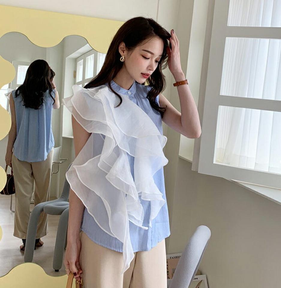 2TYPEフリルスリーブレス・全3色・b68878 レディース 【tops】【トップス スリーブレス ノースリーブ フリル 単色 無地 ストライプ柄 バンドカラー フェミニン ユニーク 春 夏 韓国 ファッション】【ハイホリHIHOLLI】