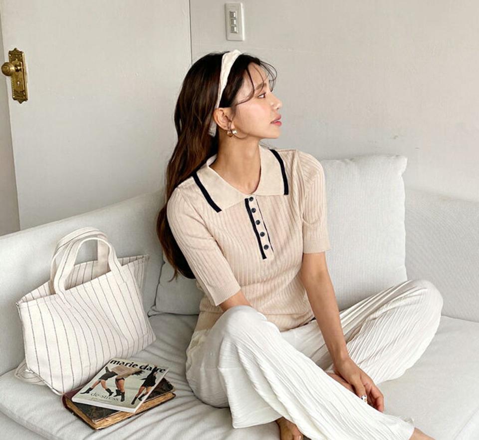【只今10%OFF】配色カラーニット・全4色・t62230 レディース 【tops】【トップス ニット ニットトップス 半袖 ハーフスリーブ 配色 大人 モダン リブ 春 夏 韓国 ファッション】