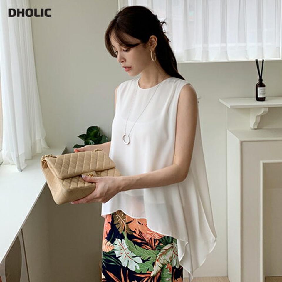 レイヤードフレアスリーブレス・全2色・b68847 レディース 【tops】 トップス スリーブレス ノースリーブ フレア シフォン レイヤード フェミニン 上品 大人 単色 無地 シンプル スリット 春 夏 韓国 ファッション ハイホリHIHOLLI