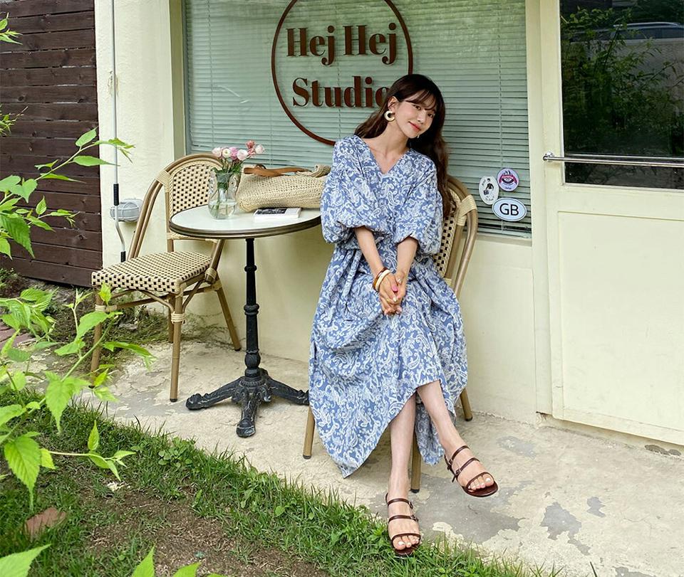 ペイズリーパフワンピース・全2色・b62238 レディース 【ops】 ワンピース ロング ペイズリー柄 パフ袖 パフスリーブ ゆったり 体型カバー 七分丈 七分袖 7分丈 7分袖 ギャザー 春 秋 韓国 ファッション