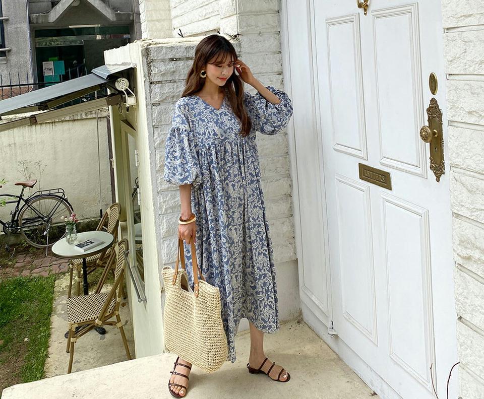 ペイズリーパフワンピース・全2色・b62238 レディース 【ops】 ワンピース ロング ペイズリー柄 パフ袖 パフスリーブ ゆったり 体型カバー 七分丈 七分袖 7分丈 7分袖 ギャザー 春 秋 韓国 ファッション