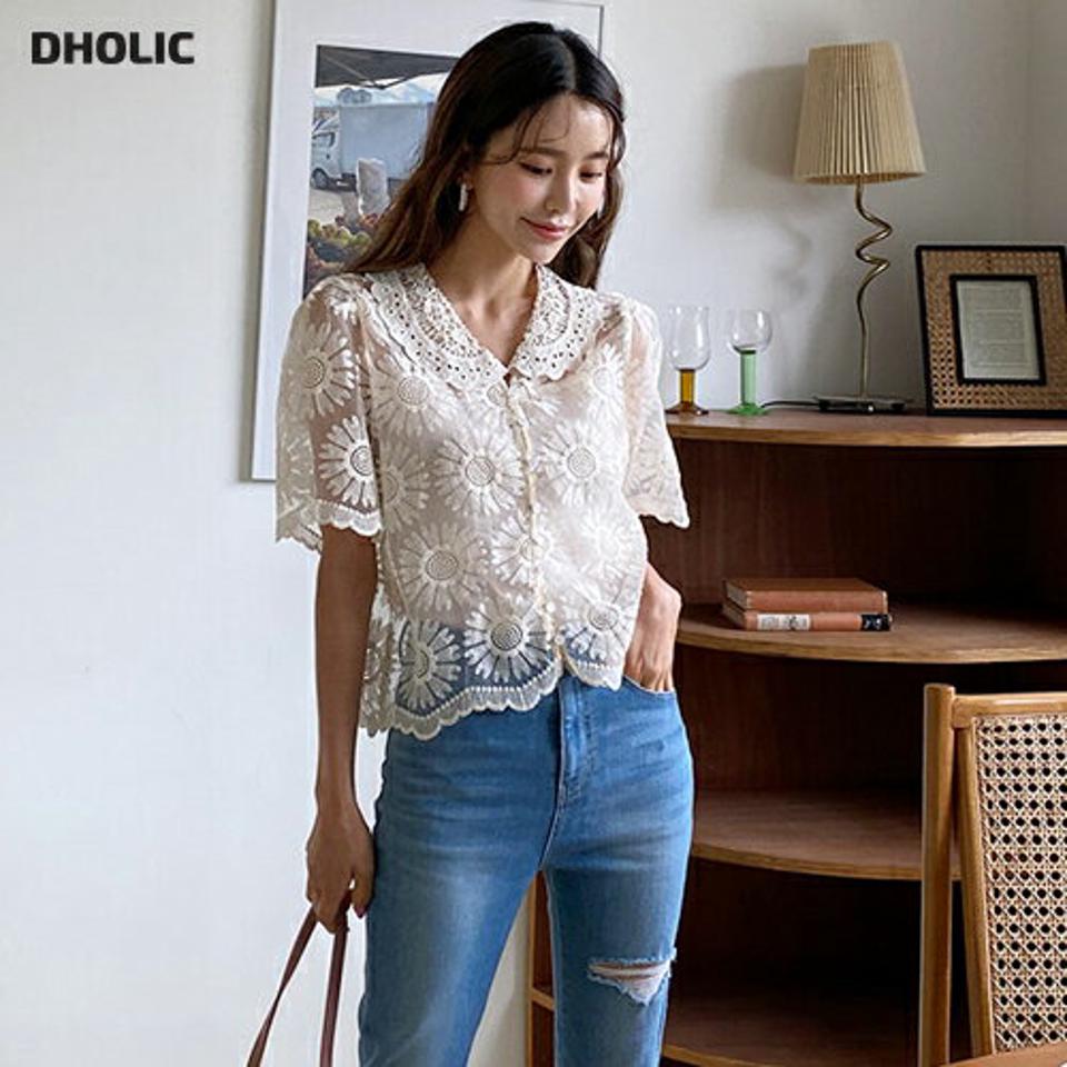 キャミ付刺繍カラーブラウス・全2色・b62235 レディース 【bl】 トップス ブラウス 半袖 透け感 シアー シースルー キャミソール 刺繍 レース フェミニン 花柄 上品 かわいい 春 夏 韓国 ファッション