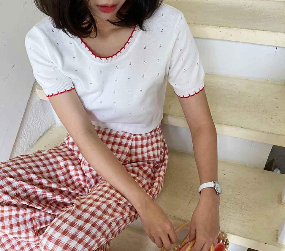 パンチング配色ニット・全3色・b62264 レディース 【tops】 トップス ニット ニットトップス 配色 半袖 パンチング 配色 ガーリー 可愛い かわいい クロップド丈 クロップドトップス 春 夏 韓国 ファッション