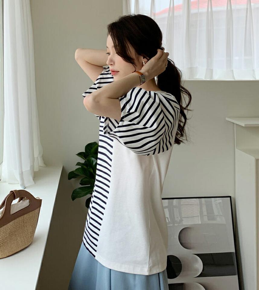 ボーダーパフスリーブTシャツ・全2色・b68882 レディース 【tops】 トップス Tシャツ 半袖 ハーフスリーブ ボーダー柄 パフ袖 パフスリーブ カジュアル かわいい 春 夏 韓国 ファッション ハイホリHIHOLLI