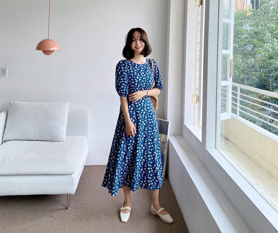 花柄リボンワンピース・全3色・b62266 レディース 【ops】 ワンピース ロング ロングワンピース 半袖 ハーフスリーブ 花柄 りぼん レトロ パフ袖 パフスリーブ 七分丈 七分袖 7分丈 7分袖 可愛い かわいい 春 夏 韓国 ファッション