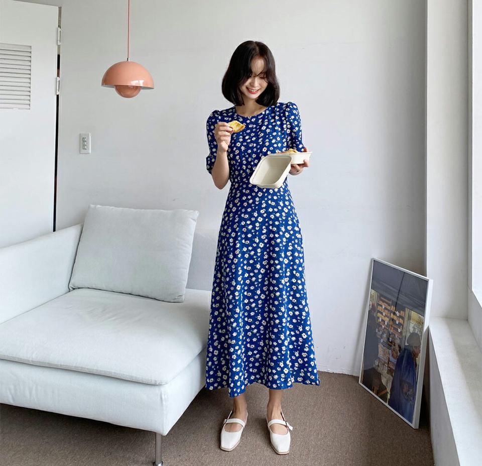 花柄リボンワンピース・全3色・b62266 レディース 【ops】 ワンピース ロング ロングワンピース 半袖 ハーフスリーブ 花柄 りぼん レトロ パフ袖 パフスリーブ 七分丈 七分袖 7分丈 7分袖 可愛い かわいい 春 夏 韓国 ファッション