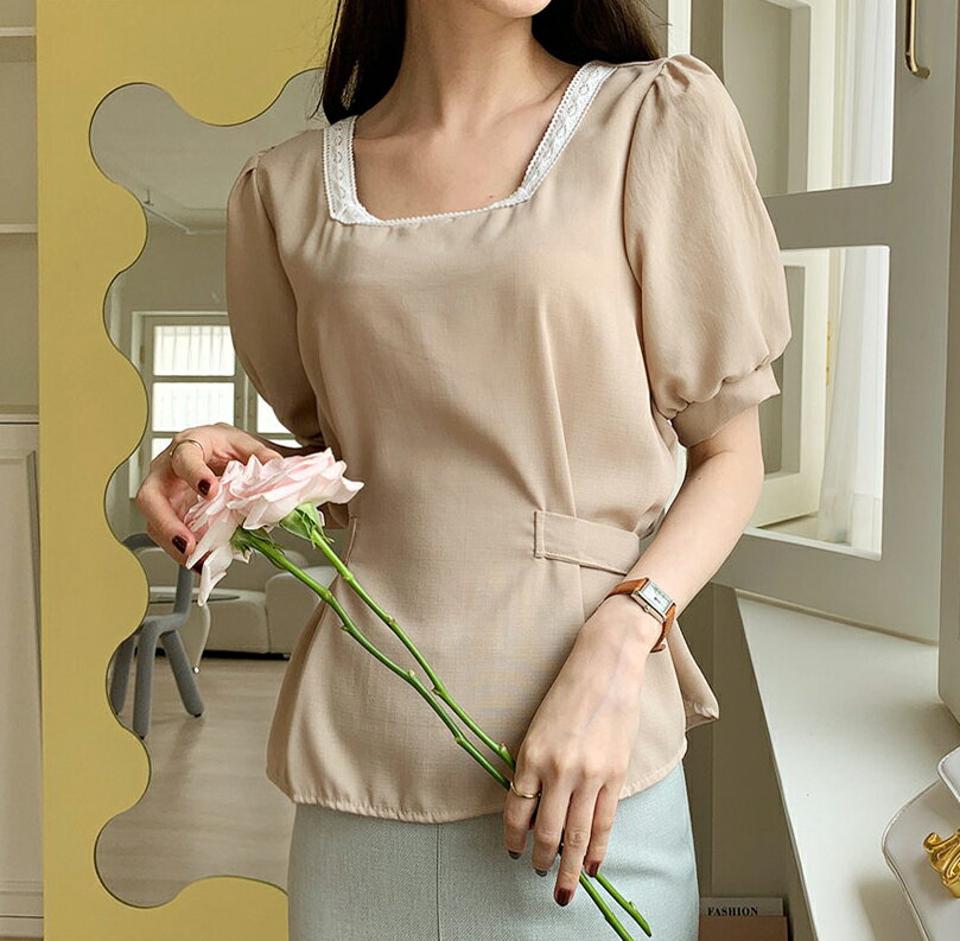 スクエアレースリボンブラウス・全4色・t68880 レディース 【bl】 トップス ブラウス 半袖 ハーフスリーブ レース りぼん スクエアネック ガーリー 大人 かわいい 可愛い 春 夏 韓国 ファッション ハイホリHIHOLLI