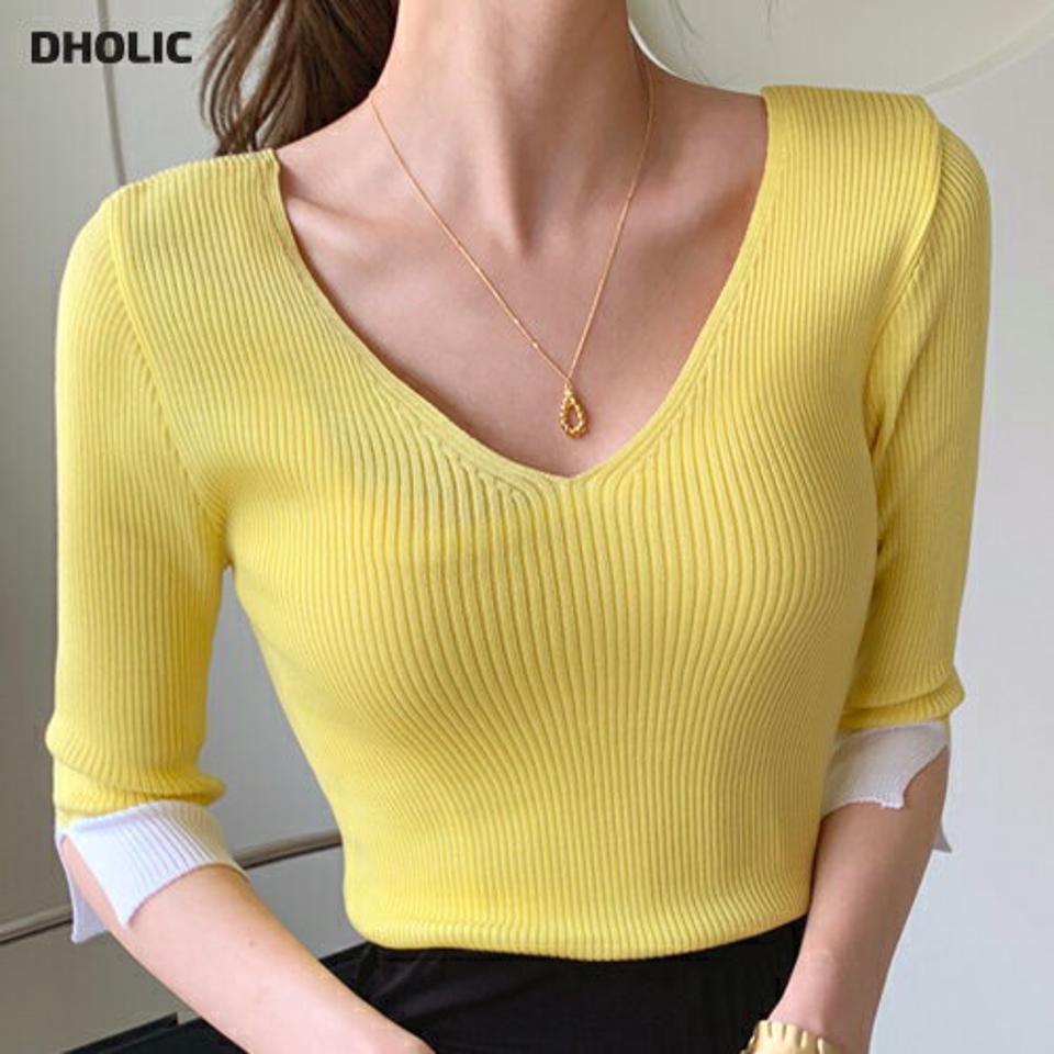≪人気商品再入荷≫配色Vネックニット・全4色・b68883 レディース 【tops】 トップス ニット ニットトップス Vネック 配色 鎖骨 デコルテ 七分丈 七分袖 7分丈 7分袖 モダン 大人 春 秋 韓国ファッション ハイホリHIHOLLI