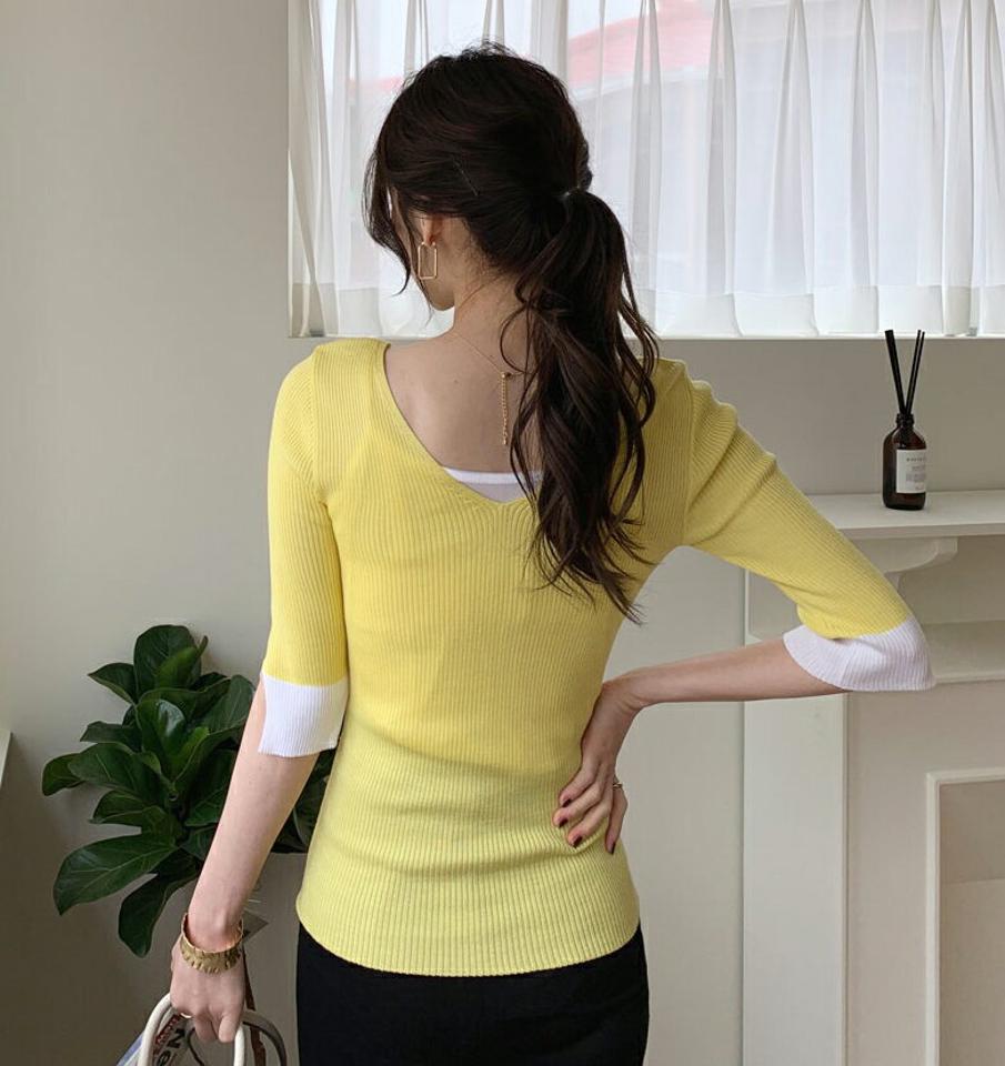 ≪人気商品再入荷≫配色Vネックニット・全4色・b68883 レディース 【tops】 トップス ニット ニットトップス Vネック 配色 鎖骨 デコルテ 七分丈 七分袖 7分丈 7分袖 モダン 大人 春 秋 韓国ファッション ハイホリHIHOLLI