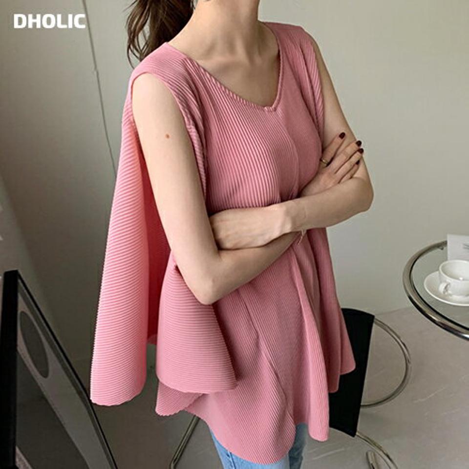 オープンスリーブプリーツブラウス・全2色・b68881 レディース 【tops】 トップス スリーブレス ノースリーブ ブラウス プリーツ 単色 シンプル フェミニン 可愛い かわいい 大人 体型カバー 春 夏 韓国 ファッション ハイホリHIHOLLI