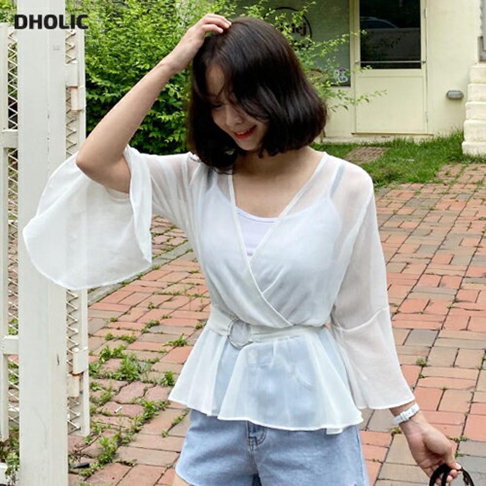 ベルト付フレアブラウス・全3色・t62232 レディース 【bl】【トップス ブラウス フレア ベルト 七分丈 七分袖 7分丈 7分袖 ウエストマーク フェミニン 透け感 シアー シースルー カシュクール ベルスリーブ 上品 フェミニン 春 秋 韓国 ファッション】