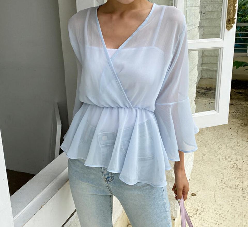 ベルト付フレアブラウス・全3色・t62232 レディース 【bl】【トップス ブラウス フレア ベルト 七分丈 七分袖 7分丈 7分袖 ウエストマーク フェミニン 透け感 シアー シースルー カシュクール ベルスリーブ 上品 フェミニン 春 秋 韓国 ファッション】