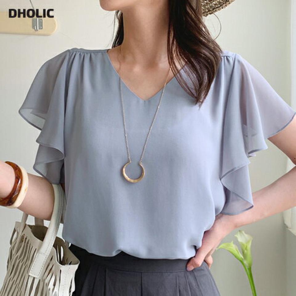 【タイム特価】シフォンVネックギャザーブラウス・全3色・t68879 レディース 【bl】 トップス ブラウス 半袖 ギャザー Vネック シフォン フェミニン 上品 揺れ感 フリル ショートスリーブ 春 夏 韓国 ファッション ハイホリHIHOLLI【TS】